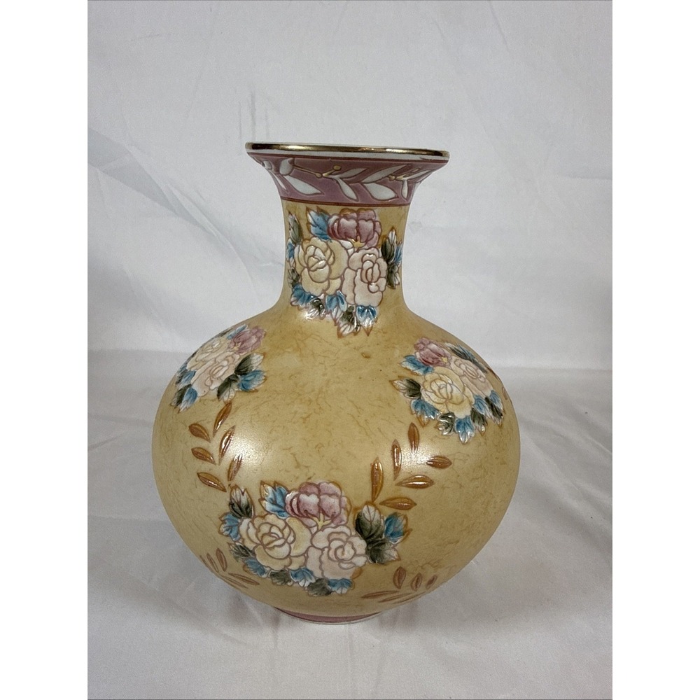 Chinese Porcelain 8" Vase Beige Pastel Embossed  Flowers Leaves Pink Peach Blue